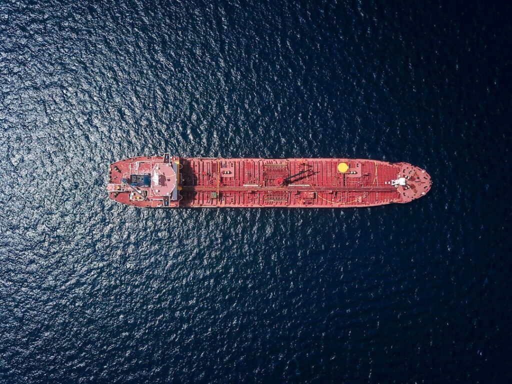 A cargo ship navigates the narrow Bab-el-Mandeb Strait between the Horn of Africa and the Arabian Peninsula.