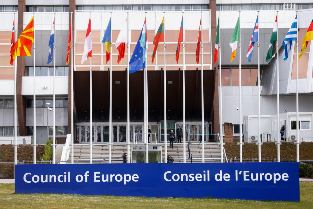 Russian flag lowered outside Council of Europe headquarters in Strasbourg after expulsion vote.