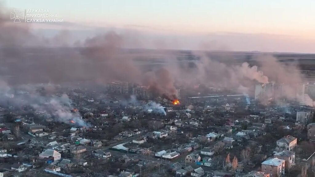 Smoke rises from damaged buildings in Bakhmut as Russian forces shell the city in eastern Ukraine.